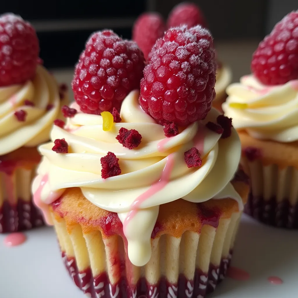 Elegant dessert cupcakes with raspberry jam swirl and cream cheese frosting