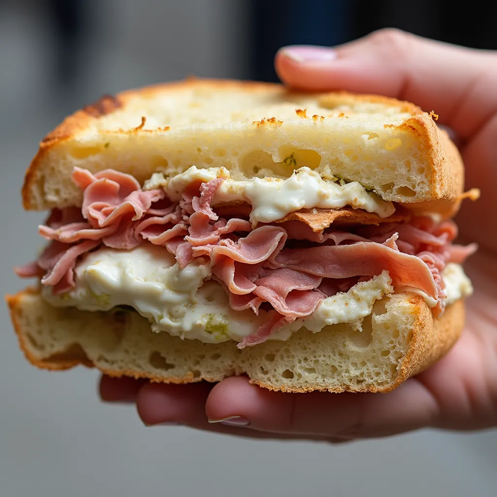 Closeup of mortadella and burrata sandwich with fresh bread