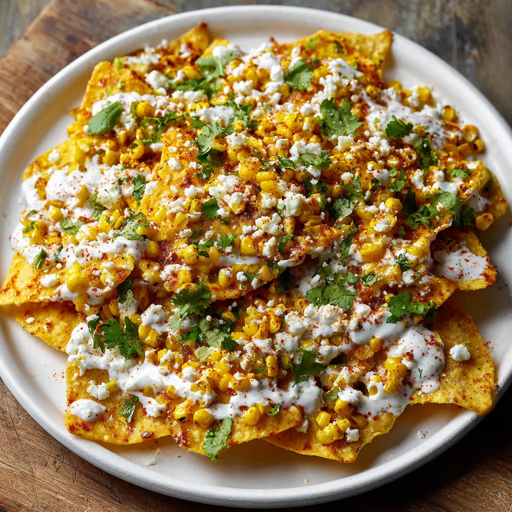 Melted cheese pulls from loaded street corn nachos topped with lime crema, chili powder, and fresh herbs