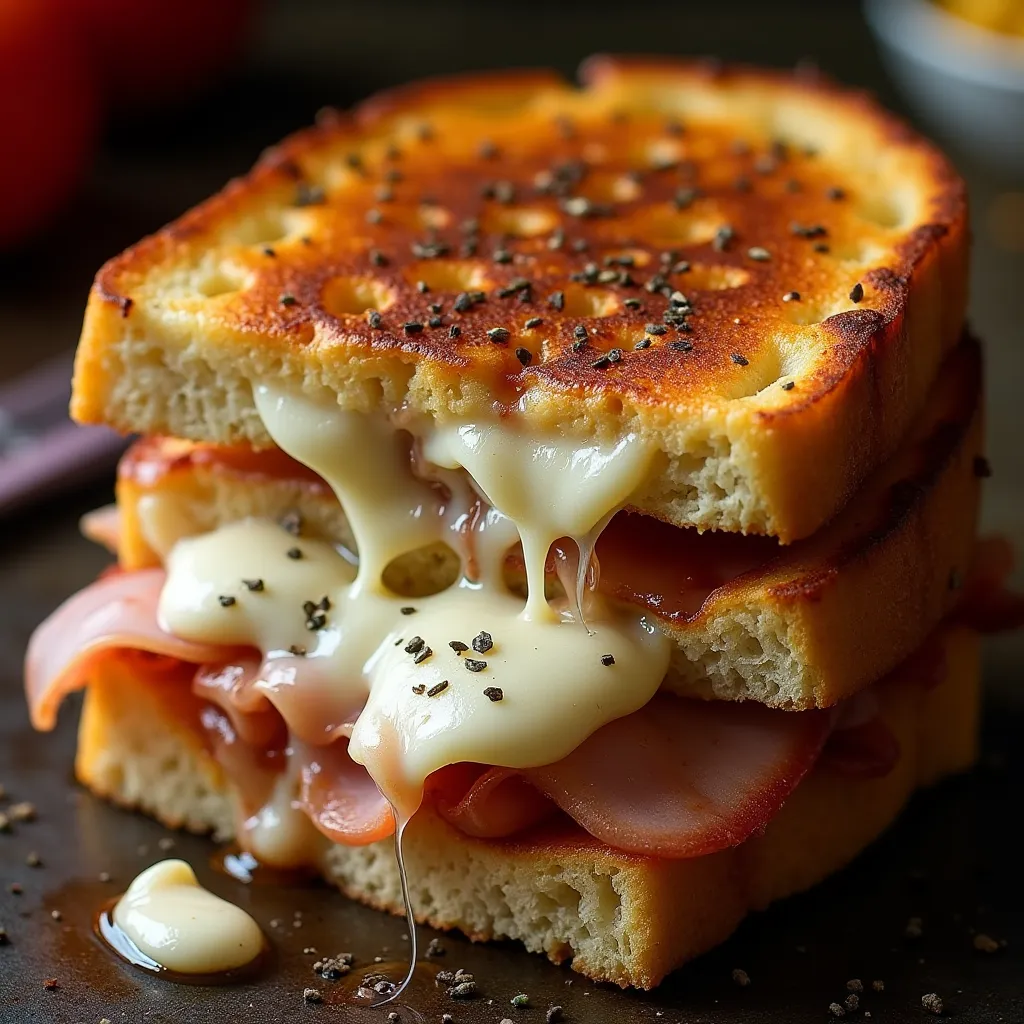 Crispy Italian style sandwich with stretchy cheese pull and herb garnish on toasted bread