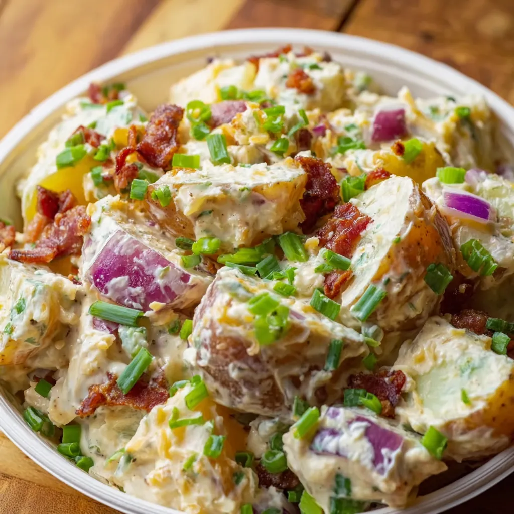 Delicious potato salad topped with crispy bacon bits and chives