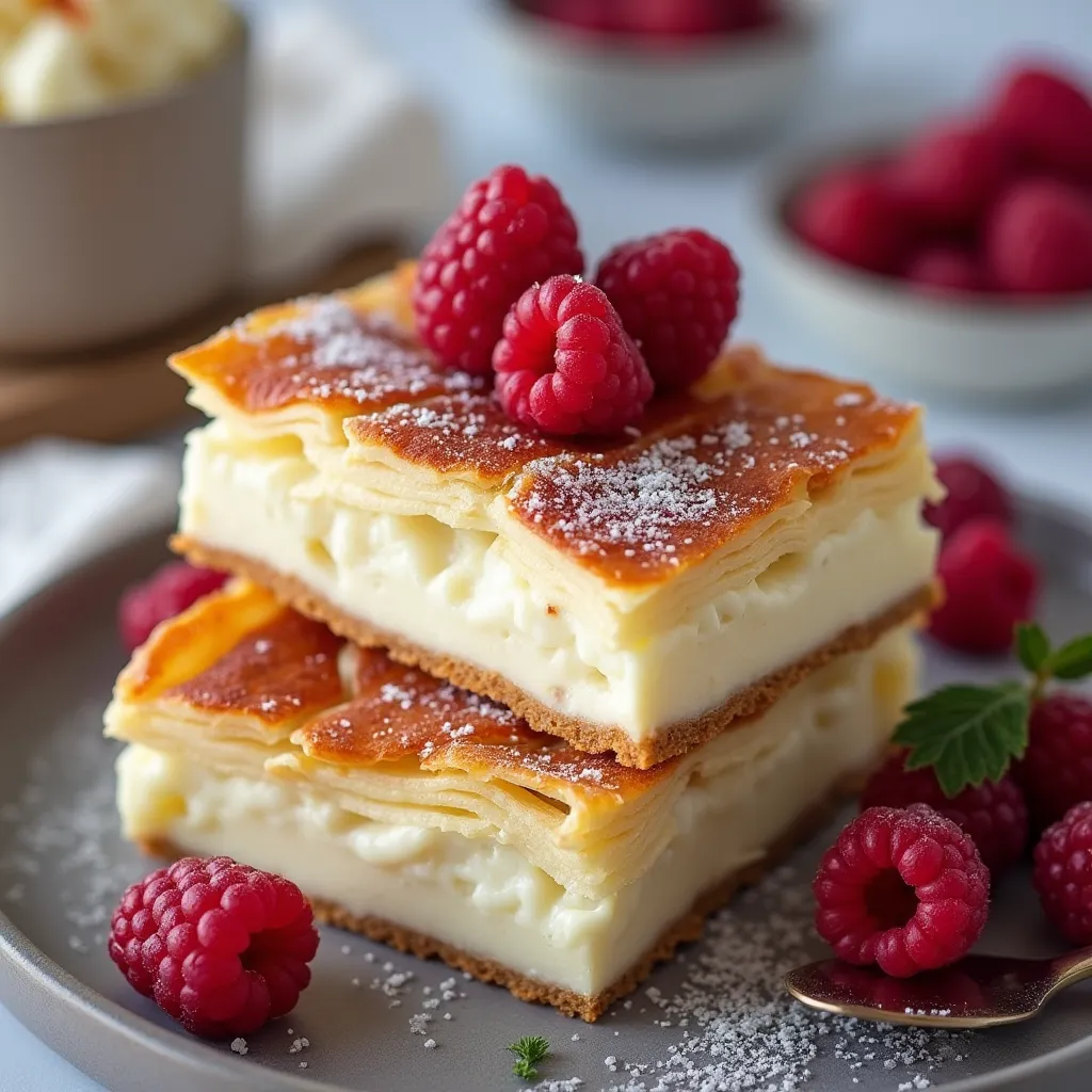 Decadent layered cheesecake squares topped with powdered sugar and berries