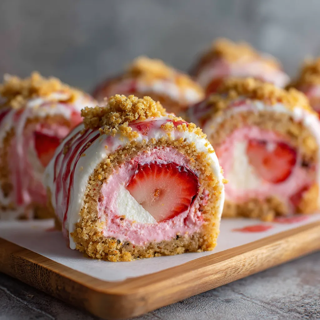 Elegant strawberry shortcake sushi rolls with graham cracker coating and fresh strawberry centers