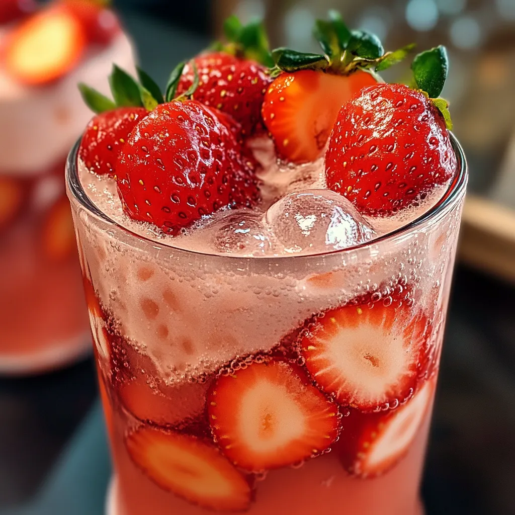Creamy pink strawberry drink with coconut cream and fresh fruit pieces over ice
