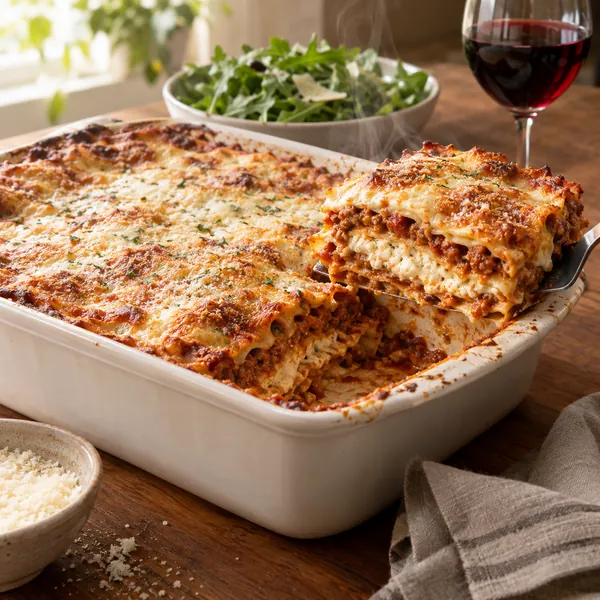 Freshly baked One Million Dollar Lasagna with a bronzed Parmesan top