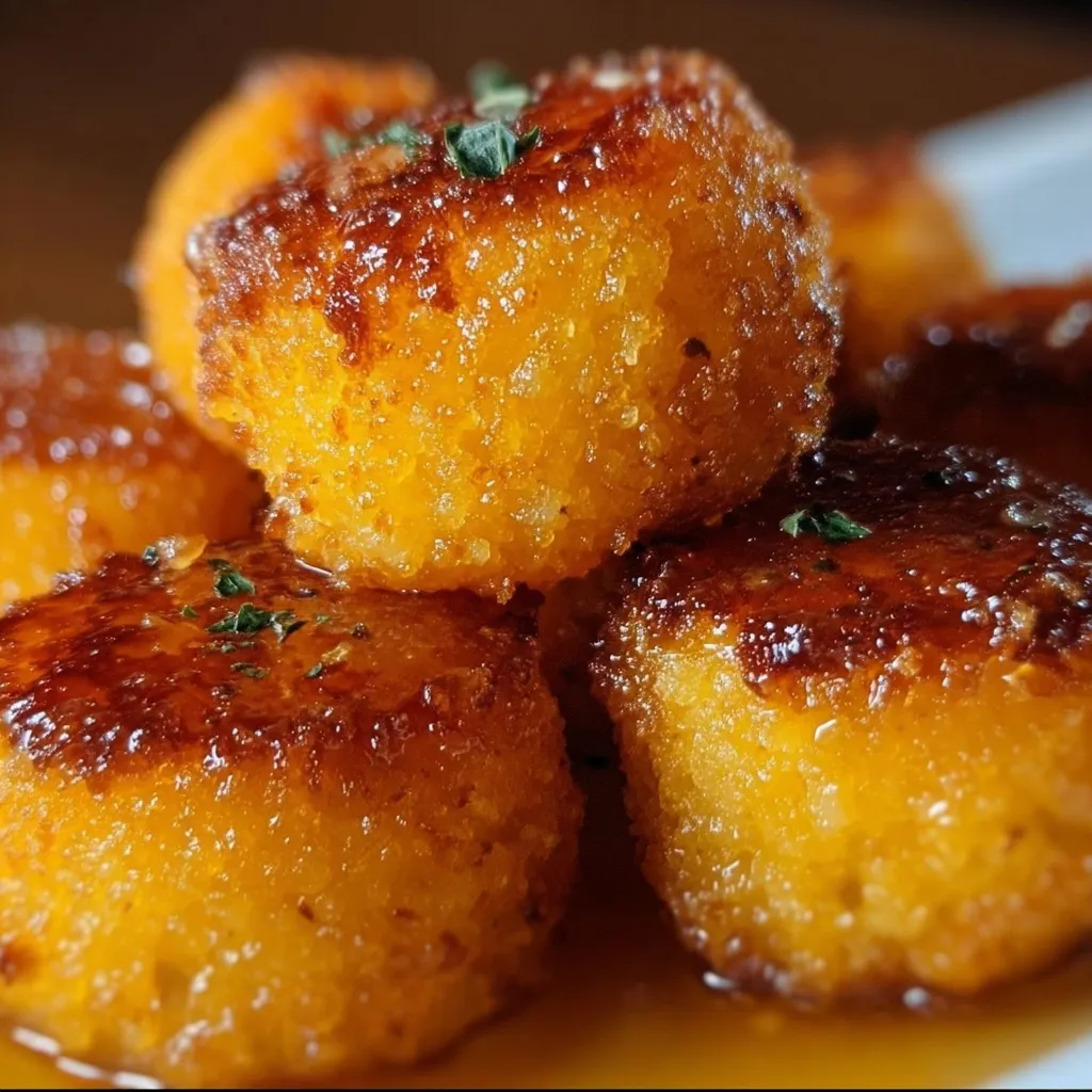 Close-up of perfectly roasted cylindrical potatoes with buttery golden crust and green herbs