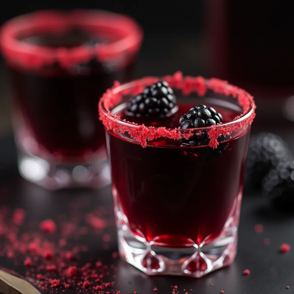 Deep purple-red bourbon and blackberry cocktail garnished with fresh berries and decorative red sugar rim