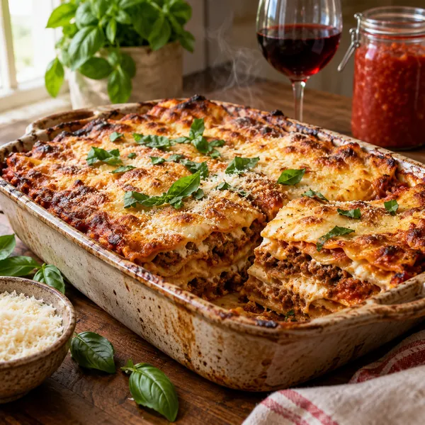 Slice of golden baked lasagna with melty cheese and ragù