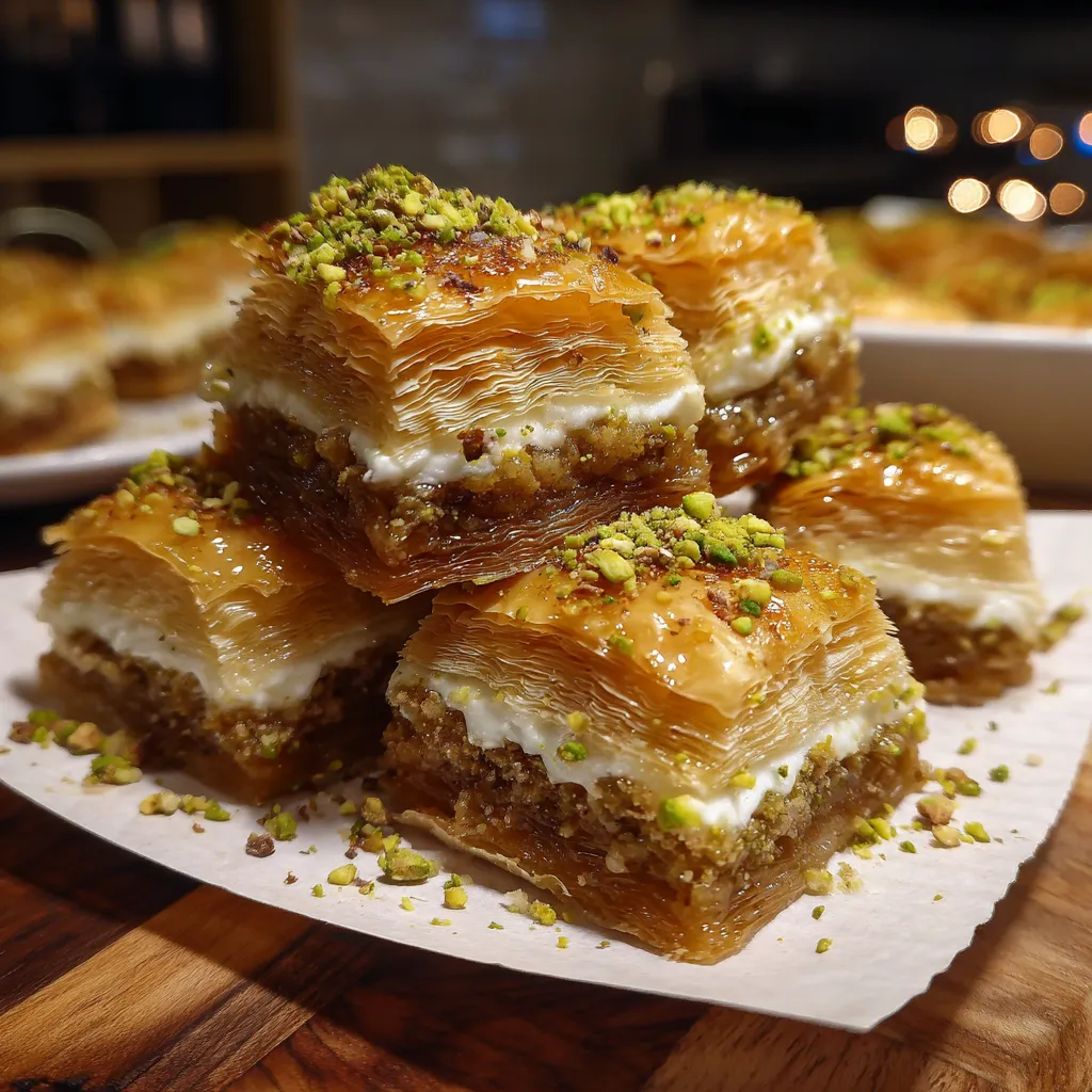 Layered phyllo pastry dessert with cream filling and chopped green pistachios