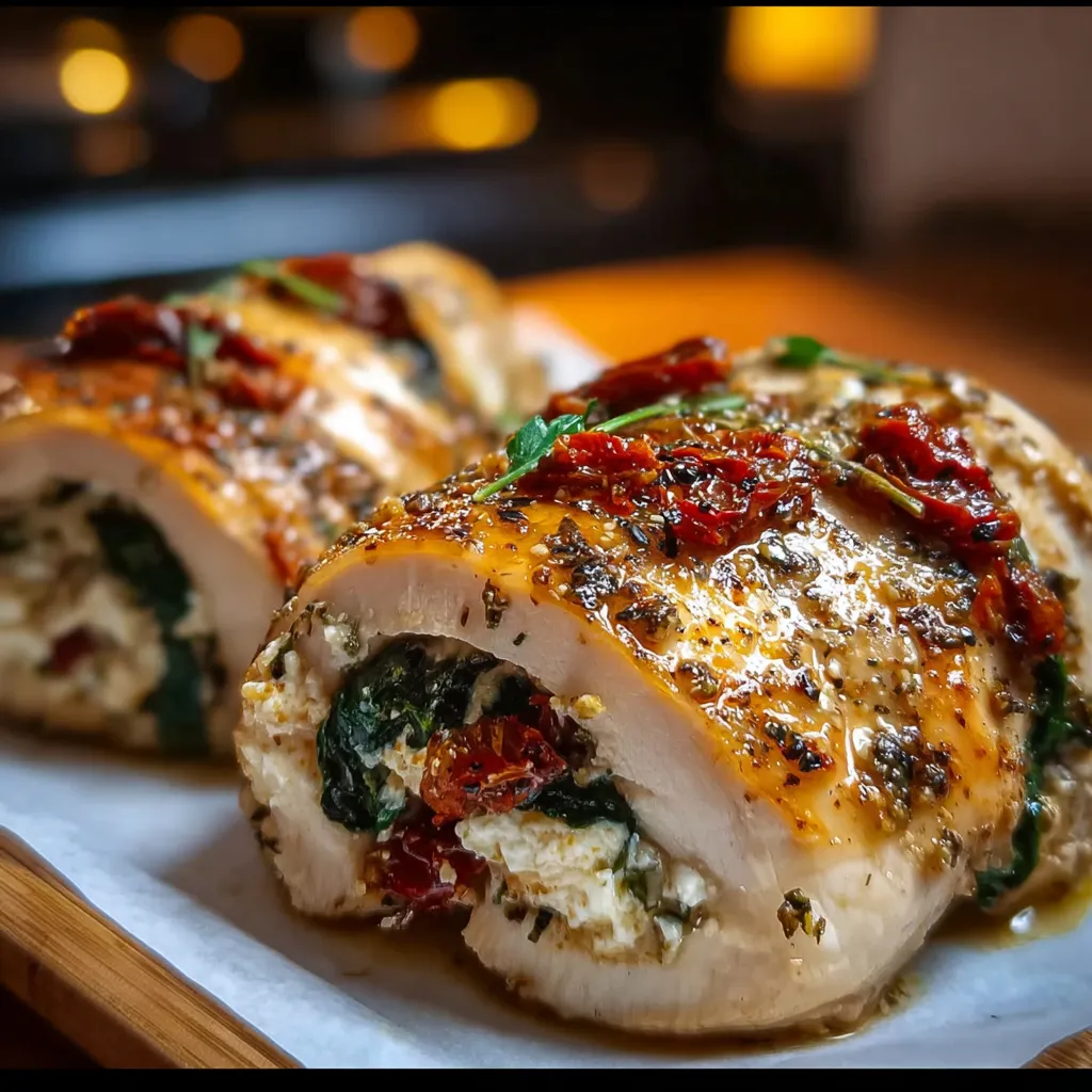 Sliced Mediterranean stuffed chicken breast showing colorful filling on wooden board