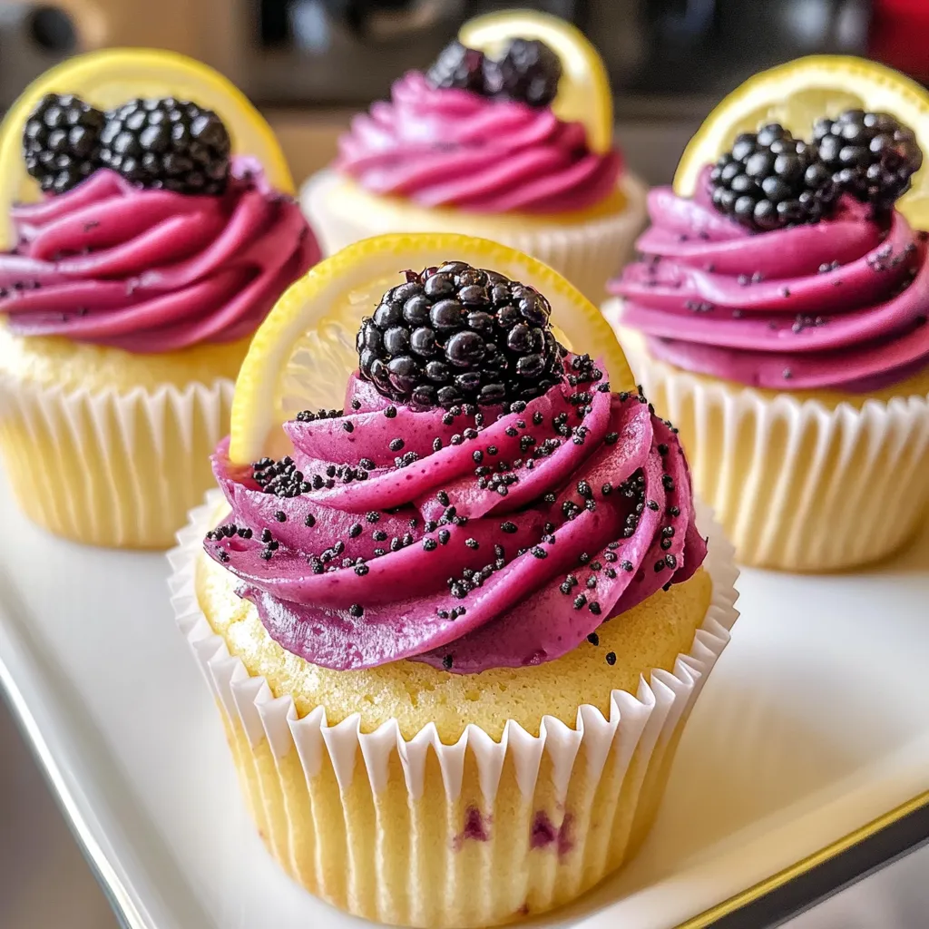 Gourmet lemon poppyseed cupcakes featuring swirled berry buttercream and elegant blackberry garnish