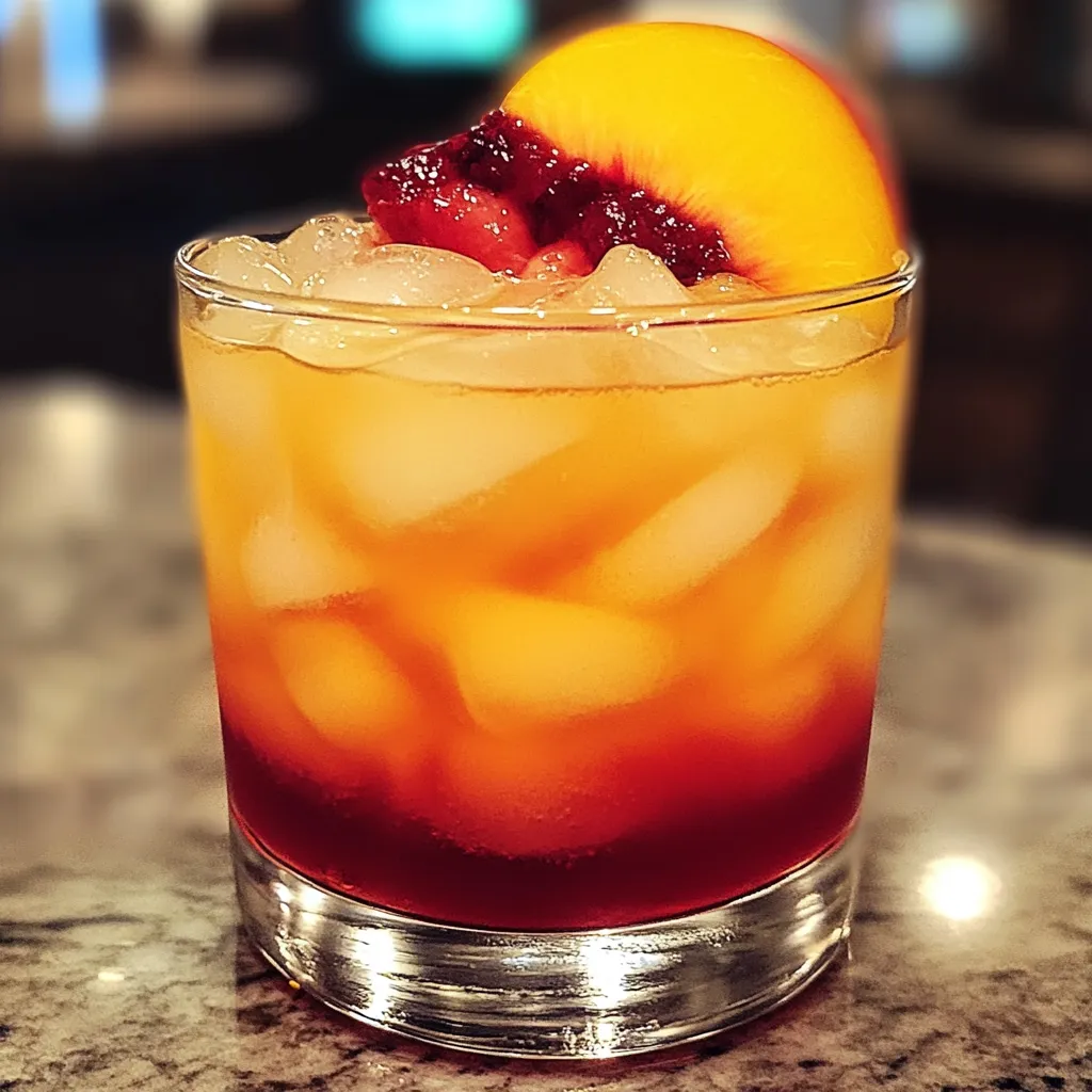 Sunset colored cocktail with white rum peach schnapps and fruit juices garnished elegantly