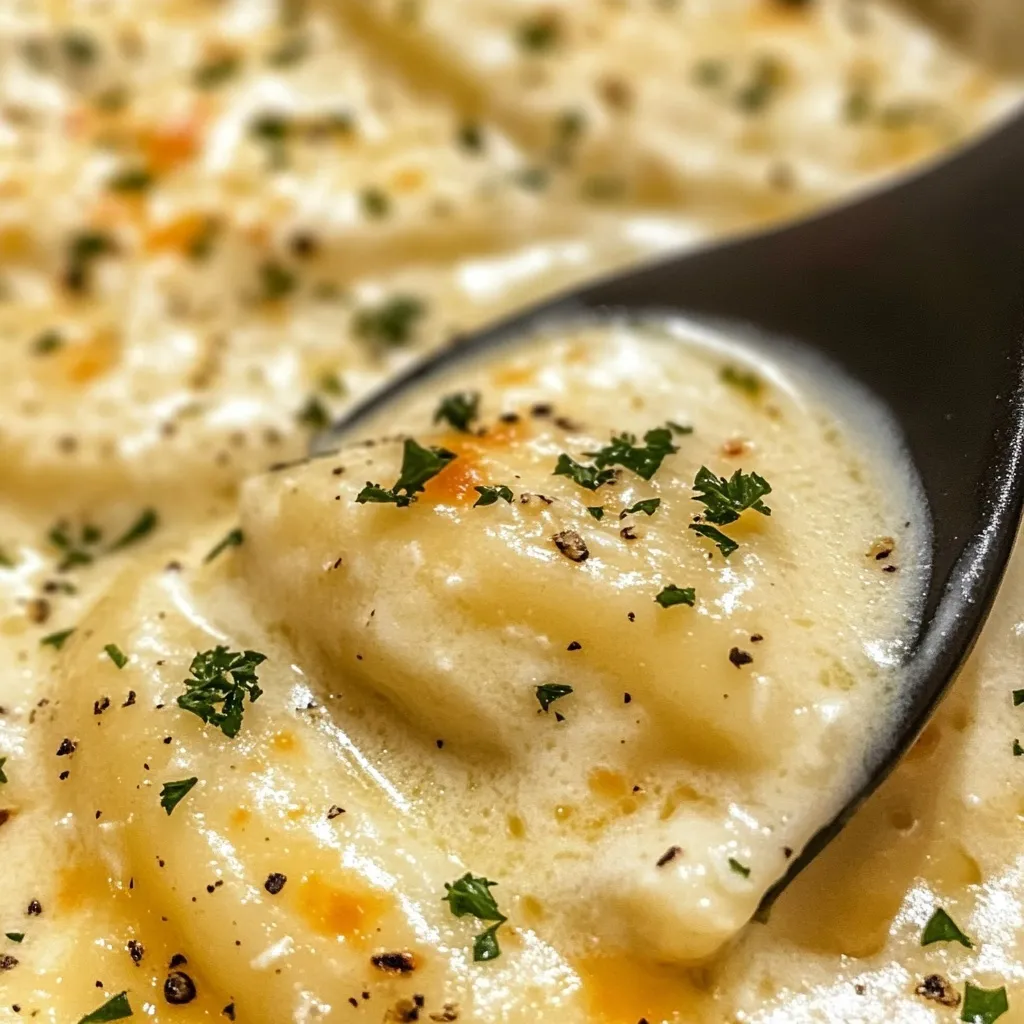 Silky smooth homemade garlic parmesan sauce with visible herbs and cheese specks in cooking pan