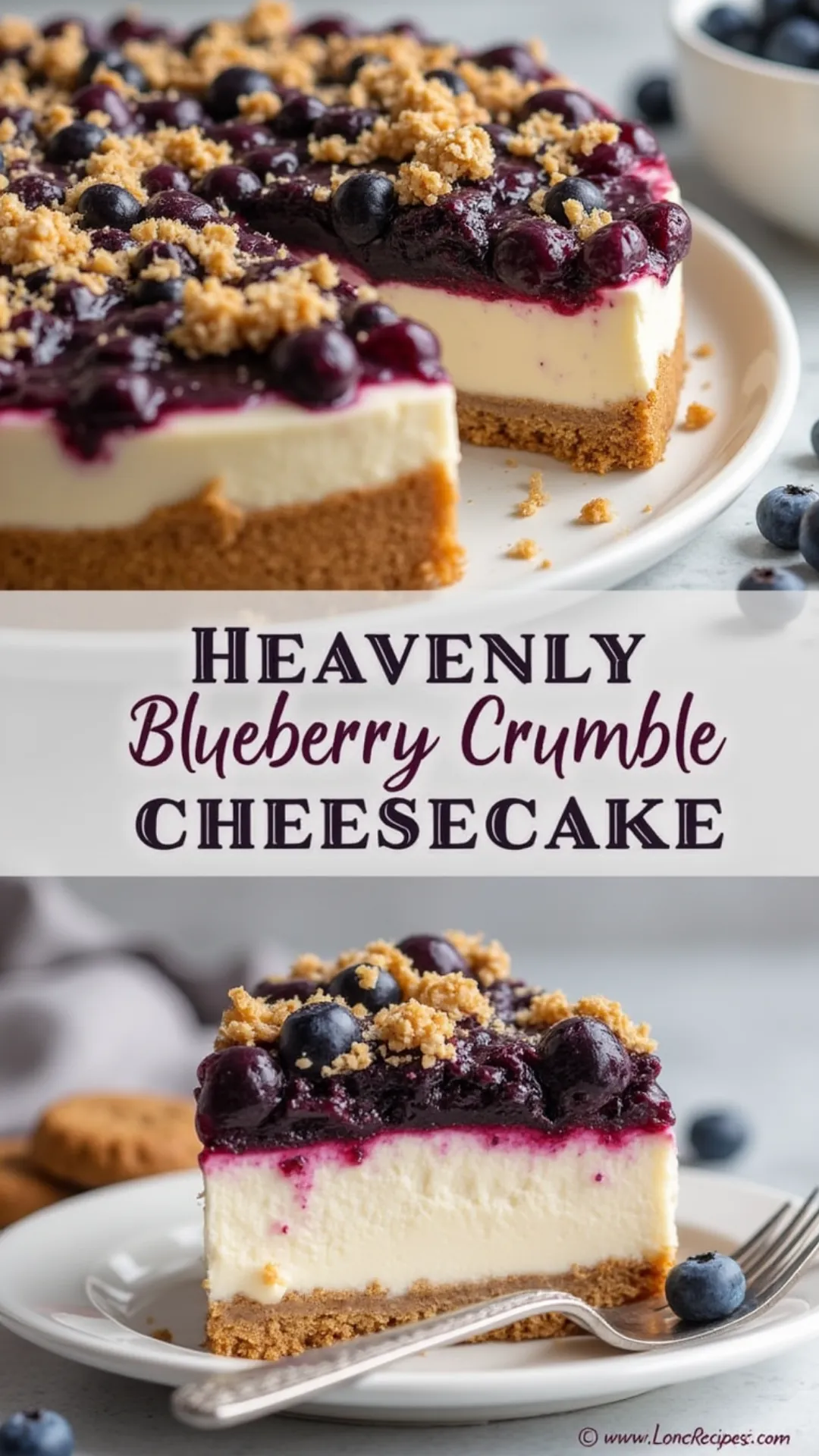 Decadent cheesecake slice showing layers of graham crust, cream cheese filling, and blueberry crumble top
