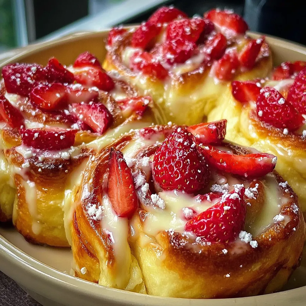 Golden sweet rolls topped with fresh strawberries and cream cheese glaze dusted with powdered sugar