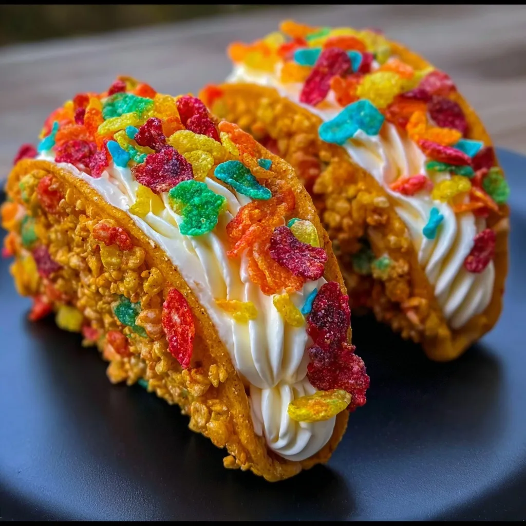 Colorful fruity pebbles cheesecake tacos with rainbow cereal shells and cream filling