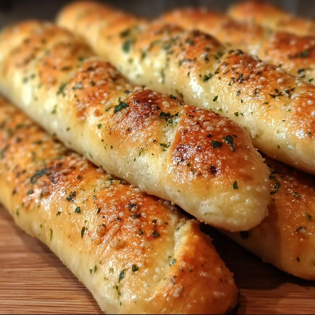 Golden brown homemade breadsticks topped with garlic herb butter and parsley just like Olive Garden