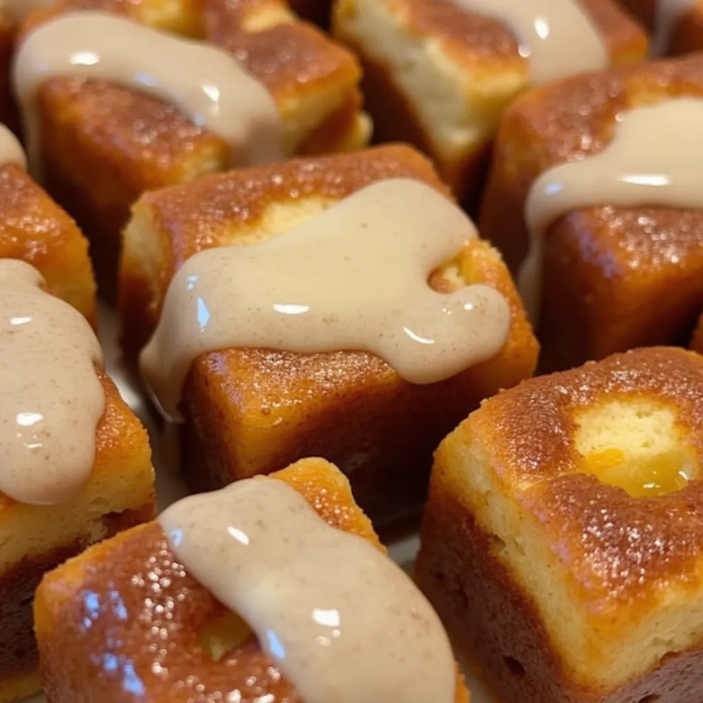 Golden brown vanilla cake bites with sweet caramel filling and creamy cinnamon glaze perfect for dessert