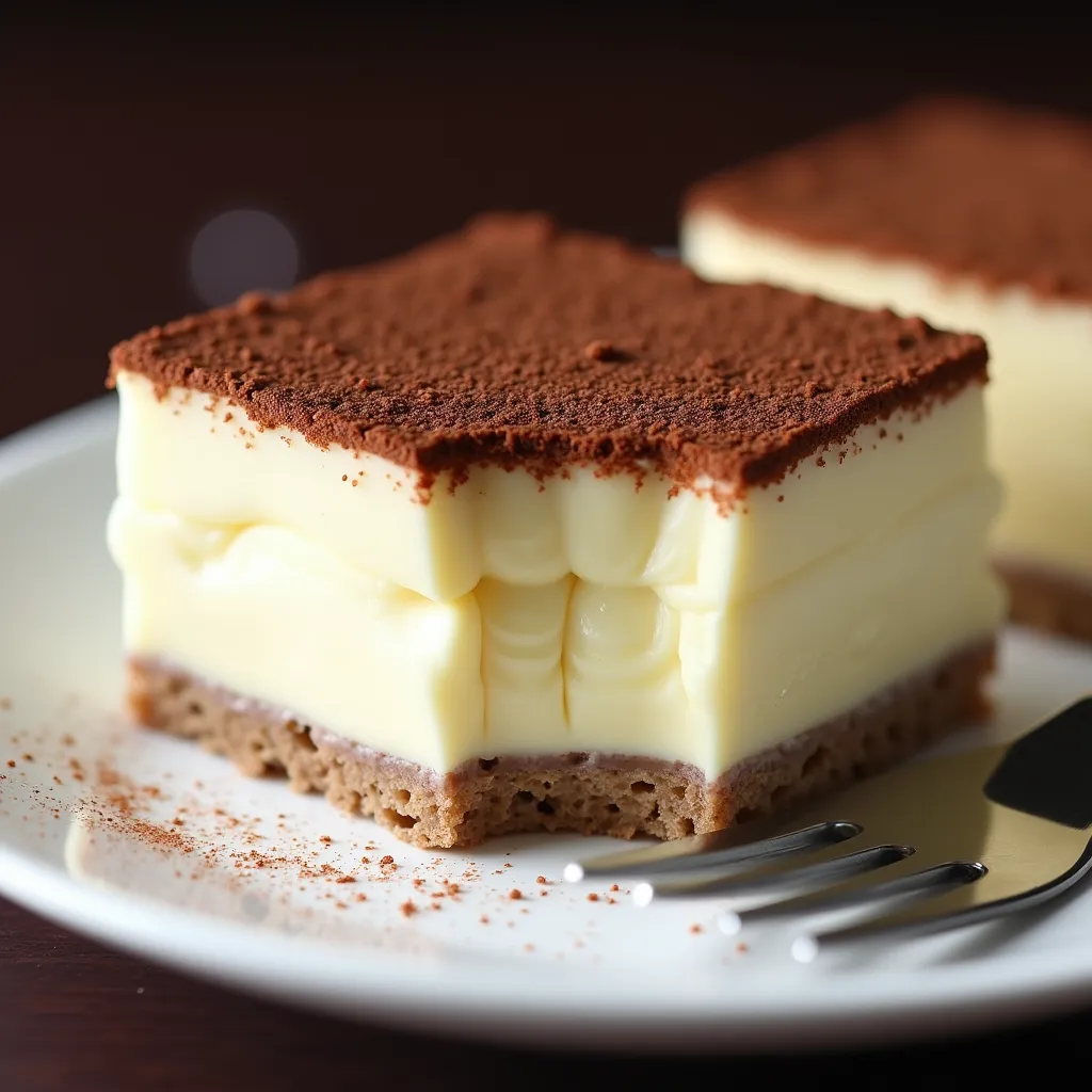Elegant square of tiramisu with distinct custard layer between coffee-soaked sponge cake