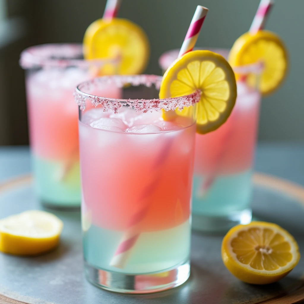 Three glasses of pink lemonade with ice, pink straws, and fresh lemon garnish