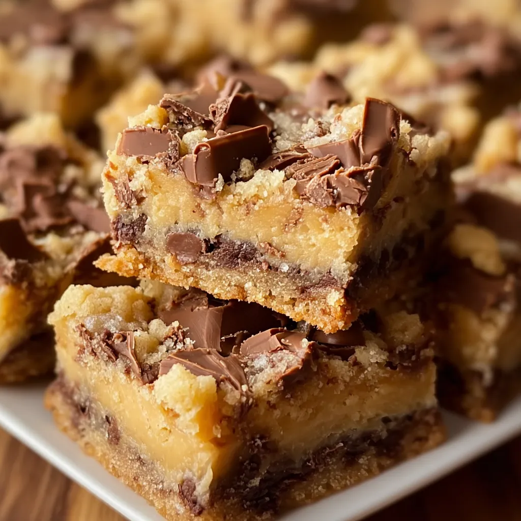 Homemade cake mix toffee bars showing three distinct layers with melted chocolate and toffee pieces