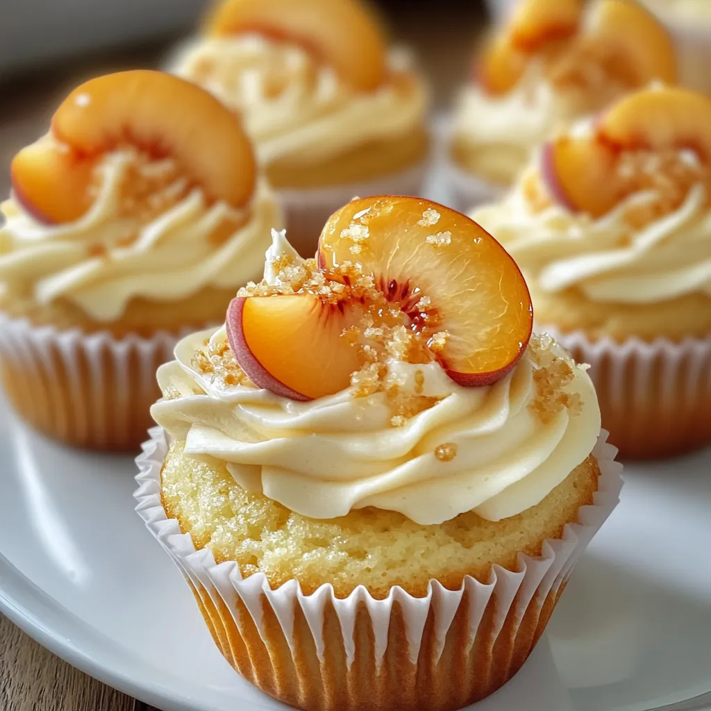 Elegant summer cupcakes featuring honey peach flavor with luxurious cream cheese frosting and peach garnish