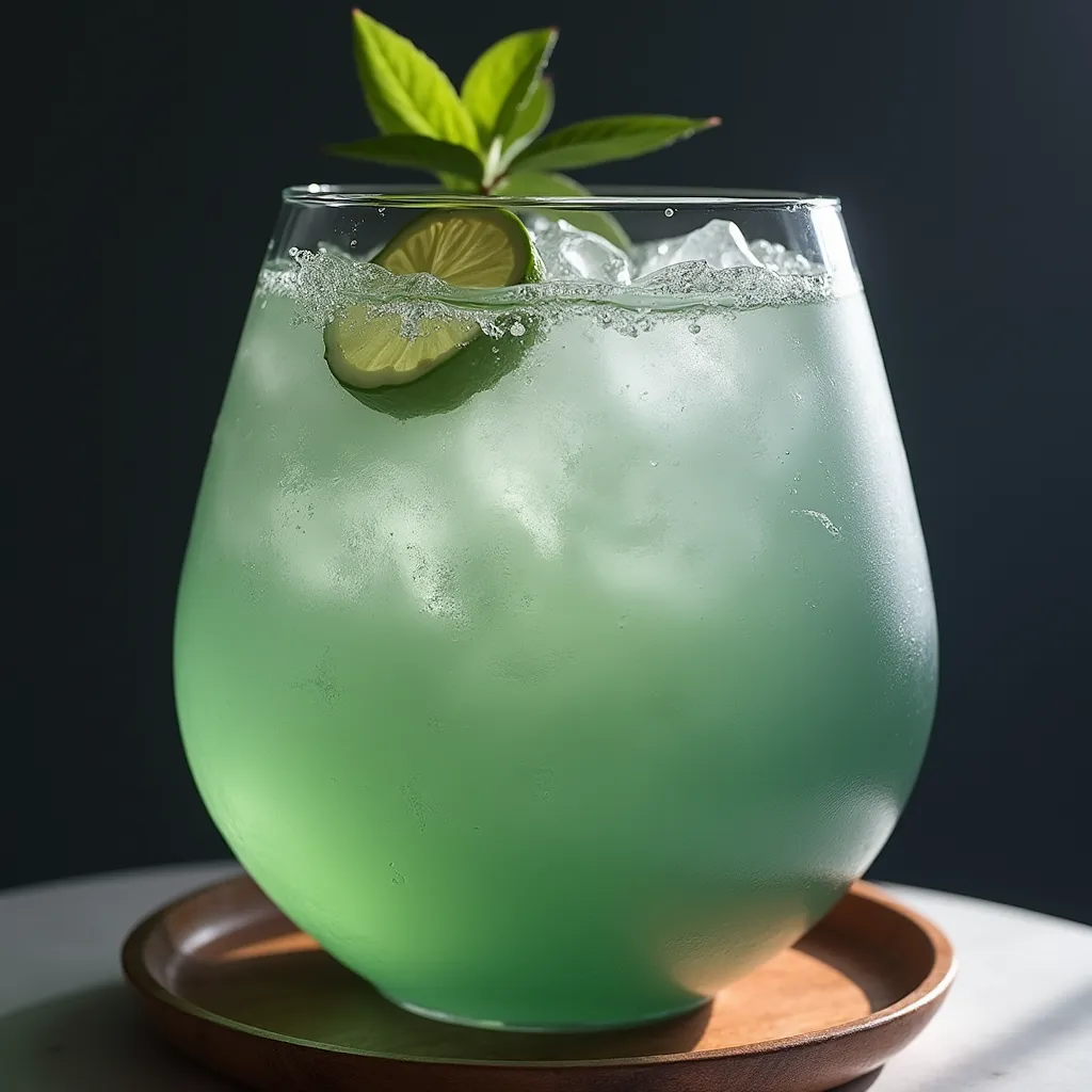 Vibrant green cocktail garnished with fresh mint leaves and lime slices