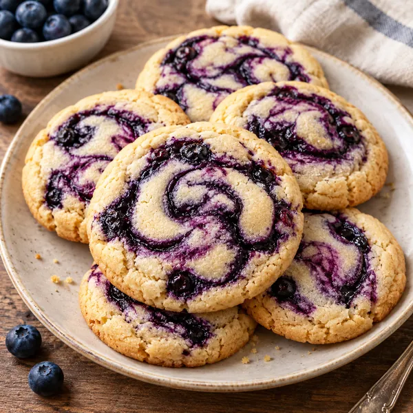 A close-up of a blueberry cheesecake swirl cookie with glossy purple veins