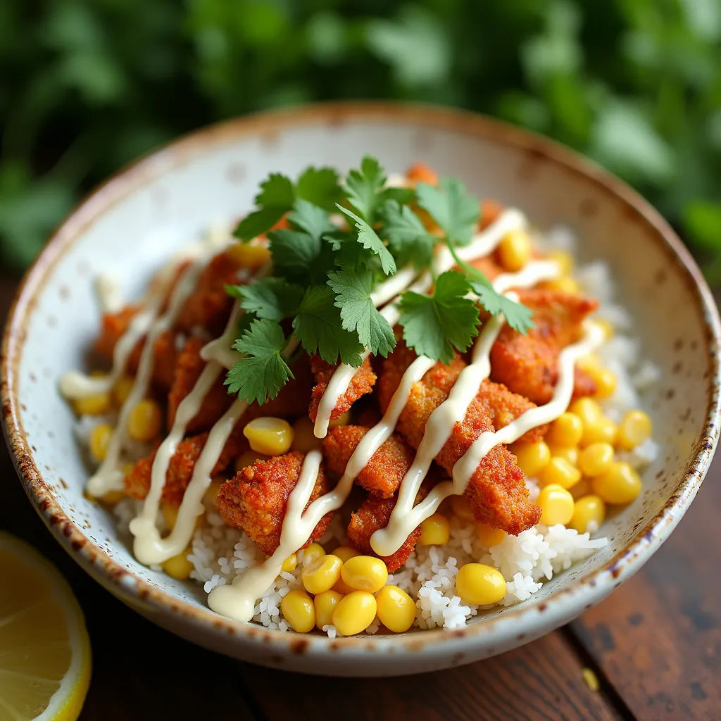Homemade Mexican-inspired rice bowl with perfectly seasoned chicken chunks and sweet corn