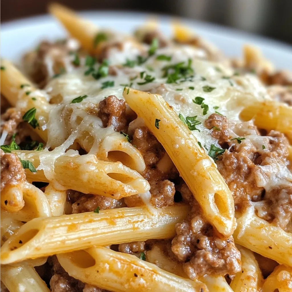 Homemade cheesy penne pasta dish with ground beef, melted cheese and aromatic garlic butter