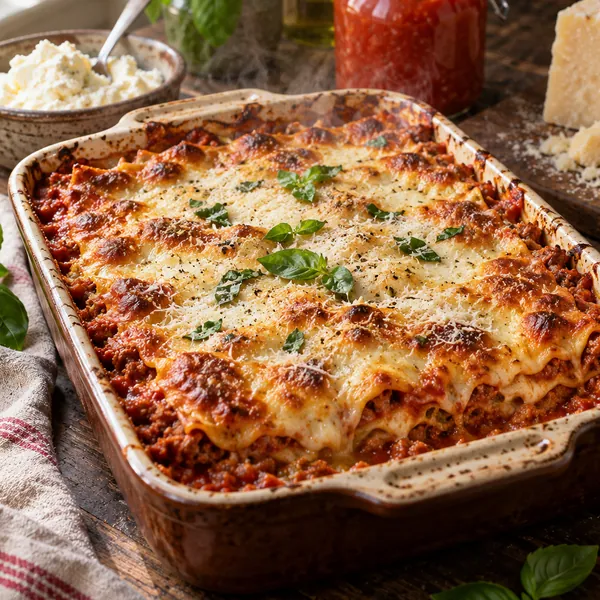 Overhead view of a tray of lasagna with a serving spatula and basil