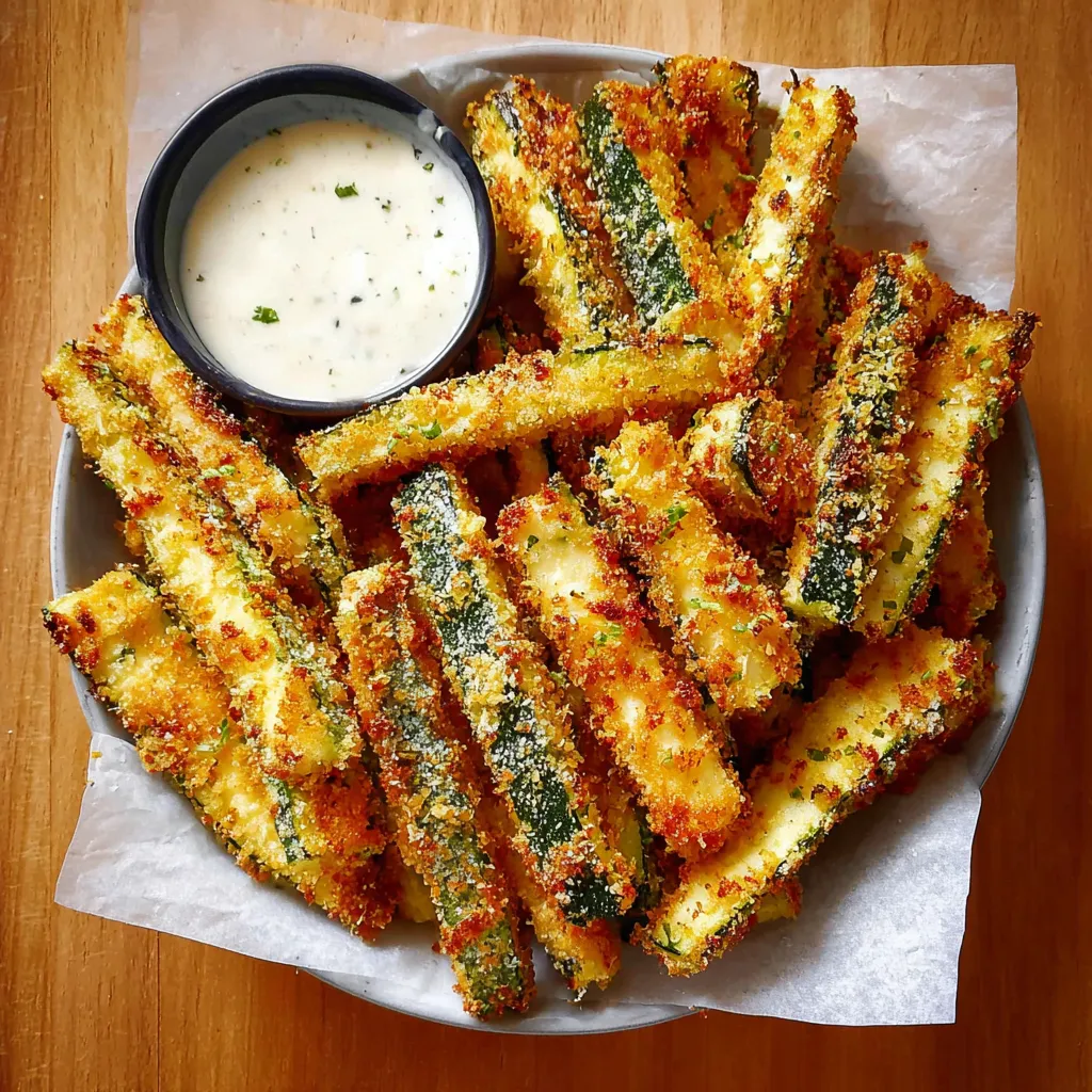 Baked zucchini sticks coated in parmesan breadcrumbs served with creamy ranch dip