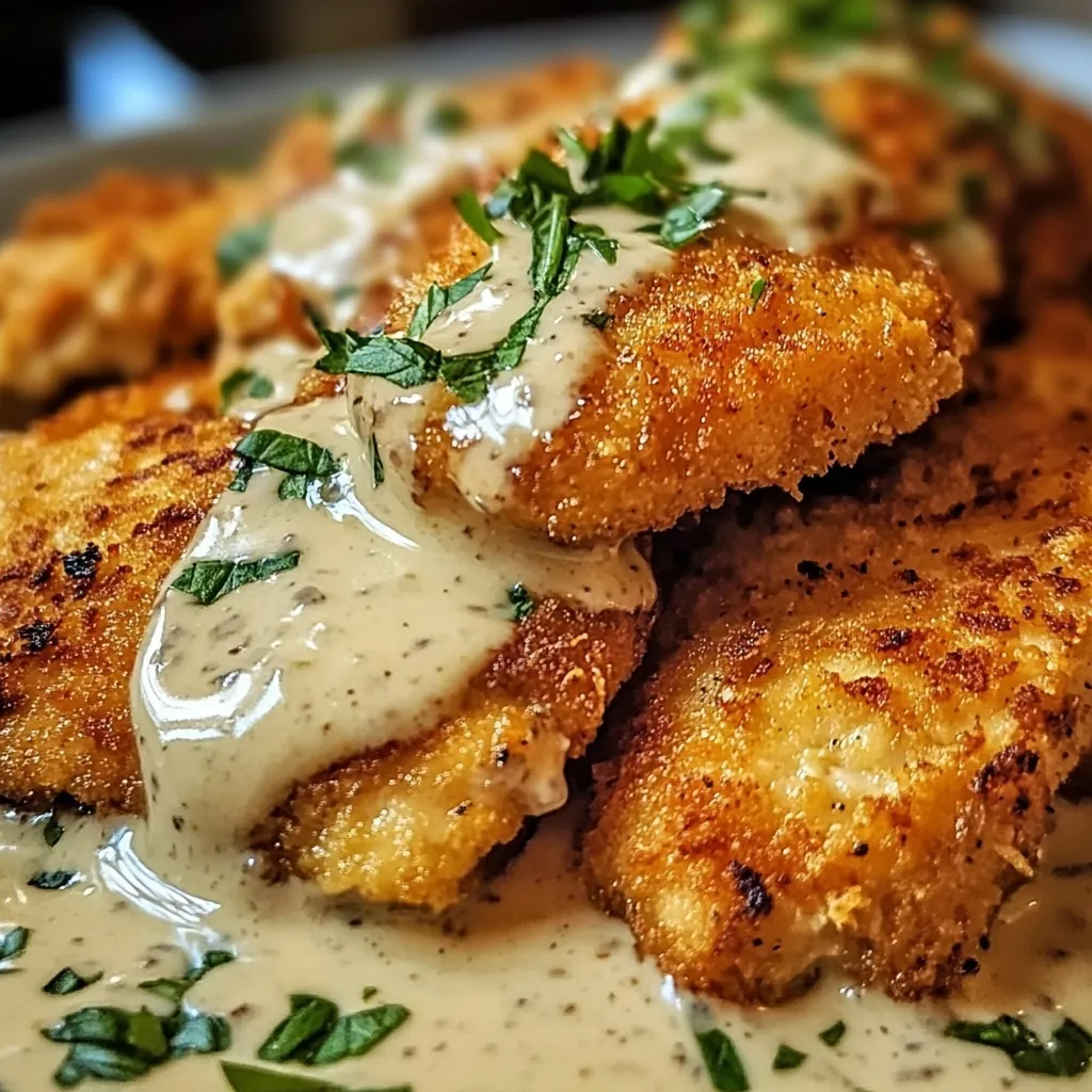 Pan fried chicken cutlets with rich garlic cream sauce and fresh herbs comfort food