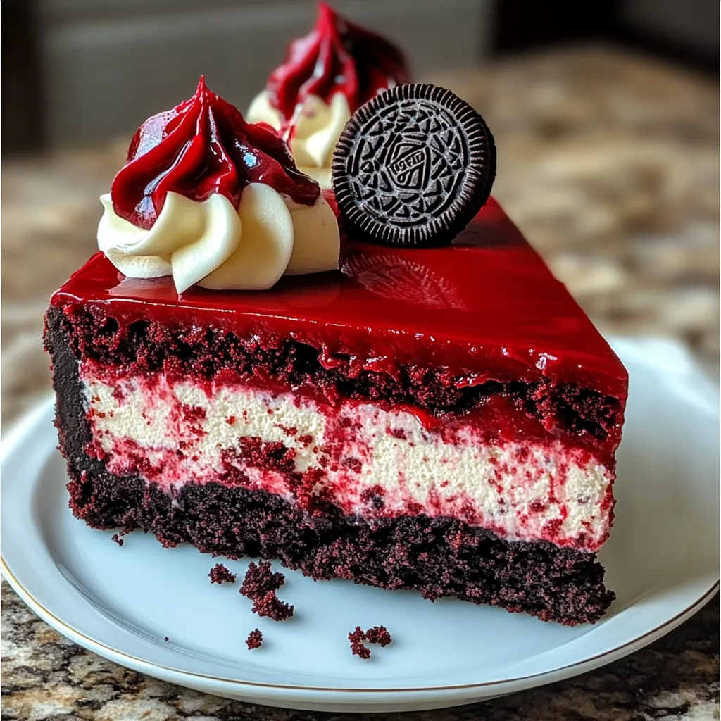 Layered dessert masterpiece featuring chocolate crust, marbled cheesecake, and berry drizzle topping
