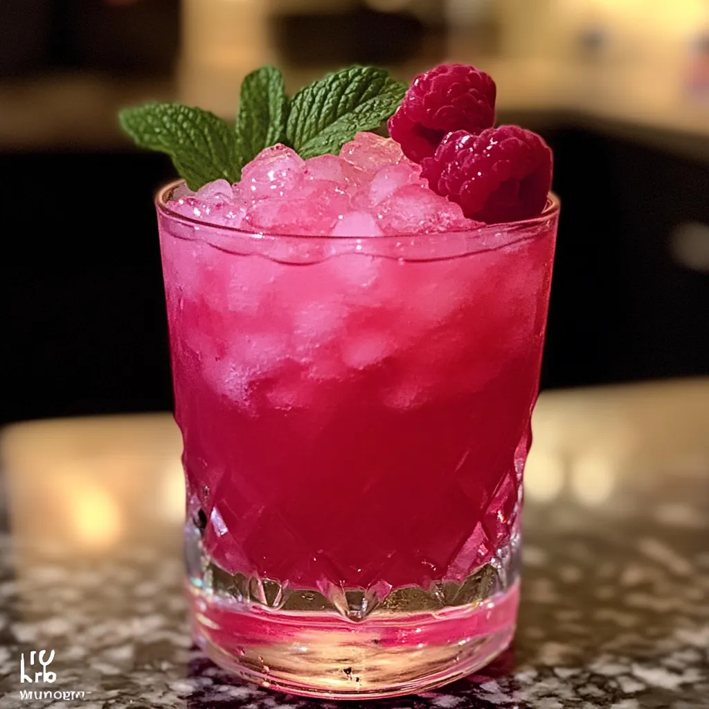 Beautiful pink ombre drink with cut crystal rocks glass and fresh fruit decoration