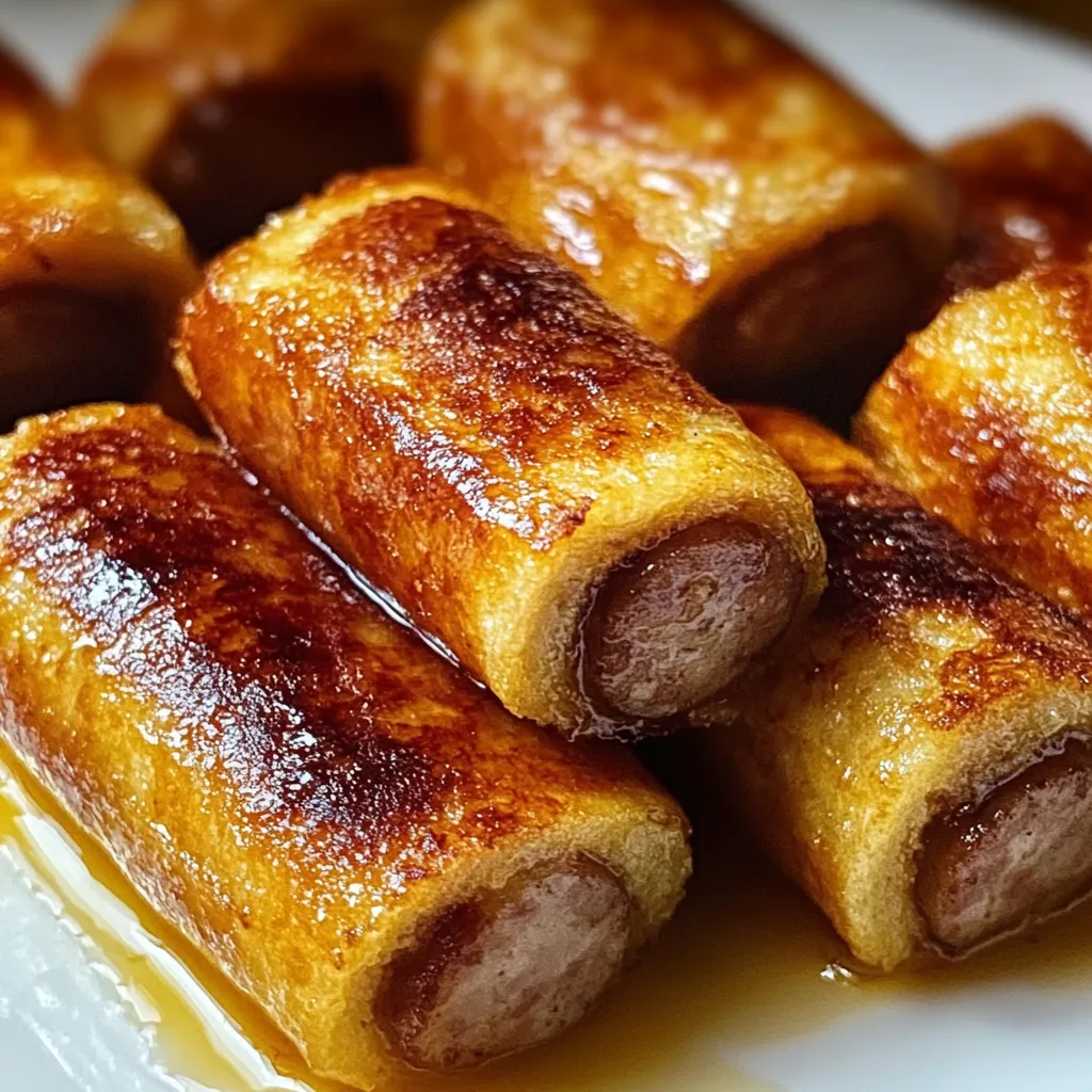 Crispy caramelized breakfast rolls wrapped around juicy sausages with amber custard-like coating