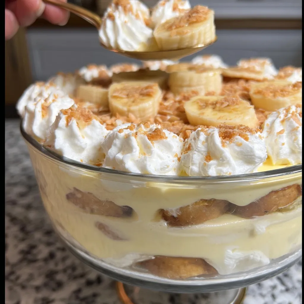 Classic New York style banana pudding in glass dish showing beautiful layers and whipped cream topping