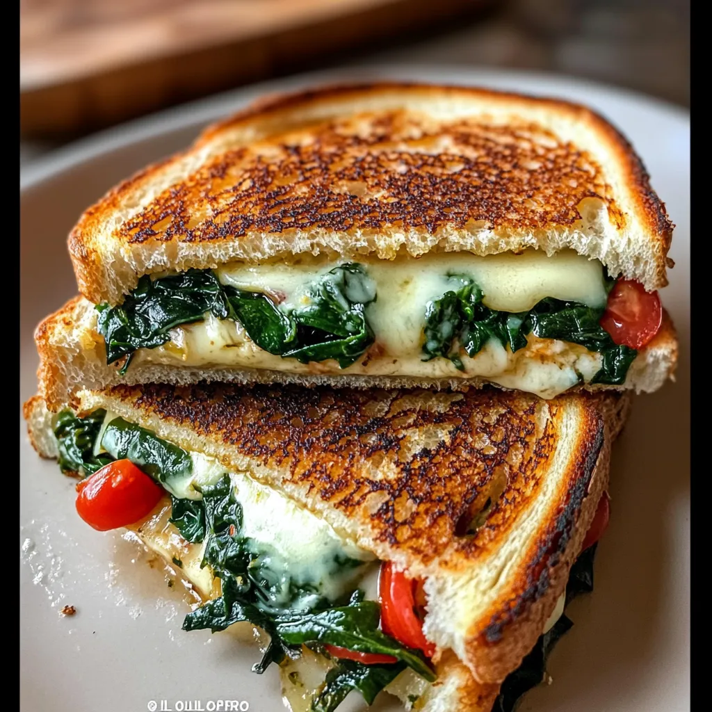 Golden crispy grilled cheese sandwich cut in half showing melted cheese and spinach filling