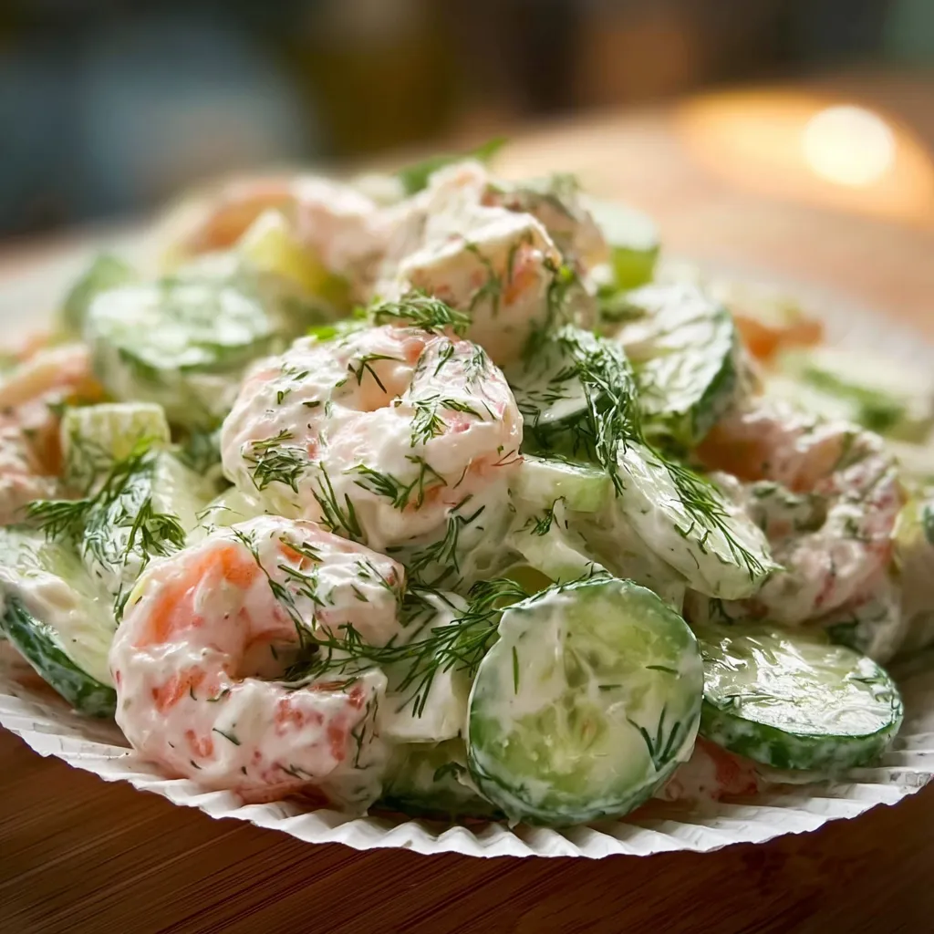 Delicious shrimp and cucumber salad with creamy dressing and herbs