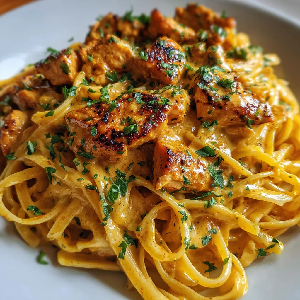 Creamy buttery chicken linguine with golden brown chicken chunks and fresh green herbs served on a white plate
