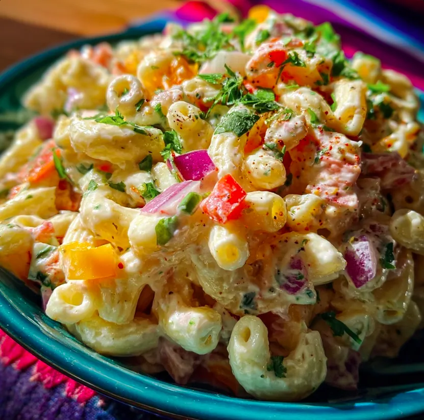 Creamy pasta salad loaded with vibrant vegetables and Mexican seasonings ready to serve