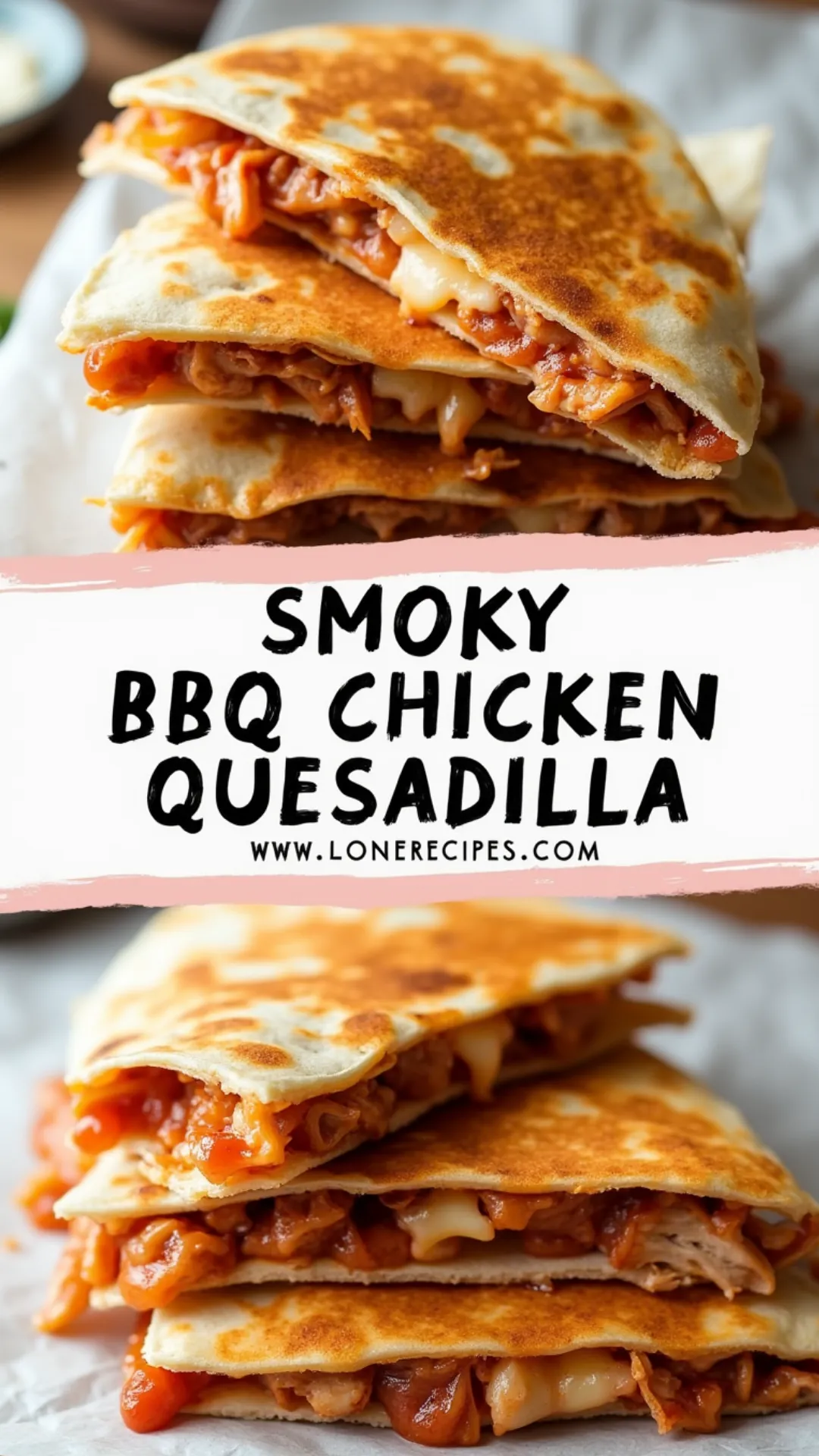 Delicious BBQ chicken quesadillas with stretchy cheese pulls and savory filling, perfectly toasted to a golden brown.