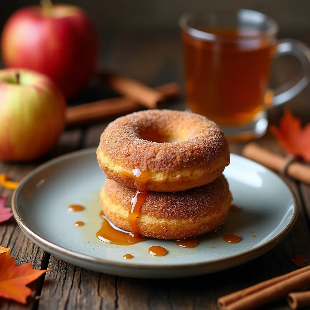 Homemade autumn donuts dusted with cinnamon sugar served with a mug of hot apple cider.