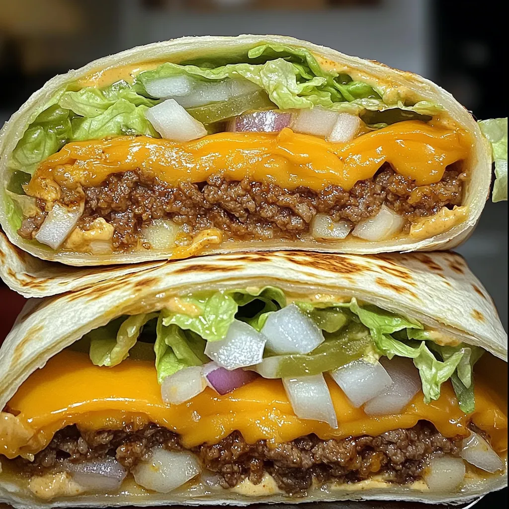Delicious homemade Big Mac wraps cut in half showing layers of seasoned ground beef, melted cheese, fresh lettuce, onions and pickles wrapped in golden tortillas