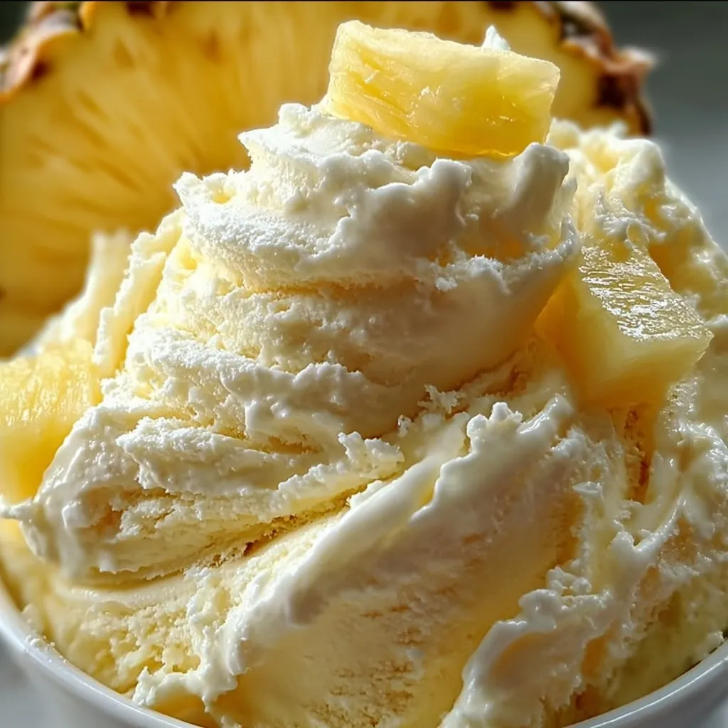 Creamy yellow pineapple ice cream served in white bowl with fresh pineapple garnish