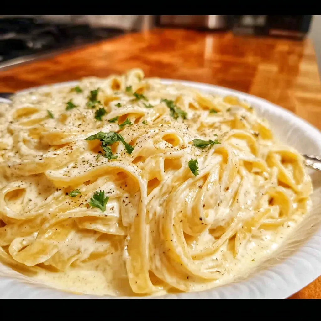 Homemade Italian fettuccine in luxurious parmesan cream sauce