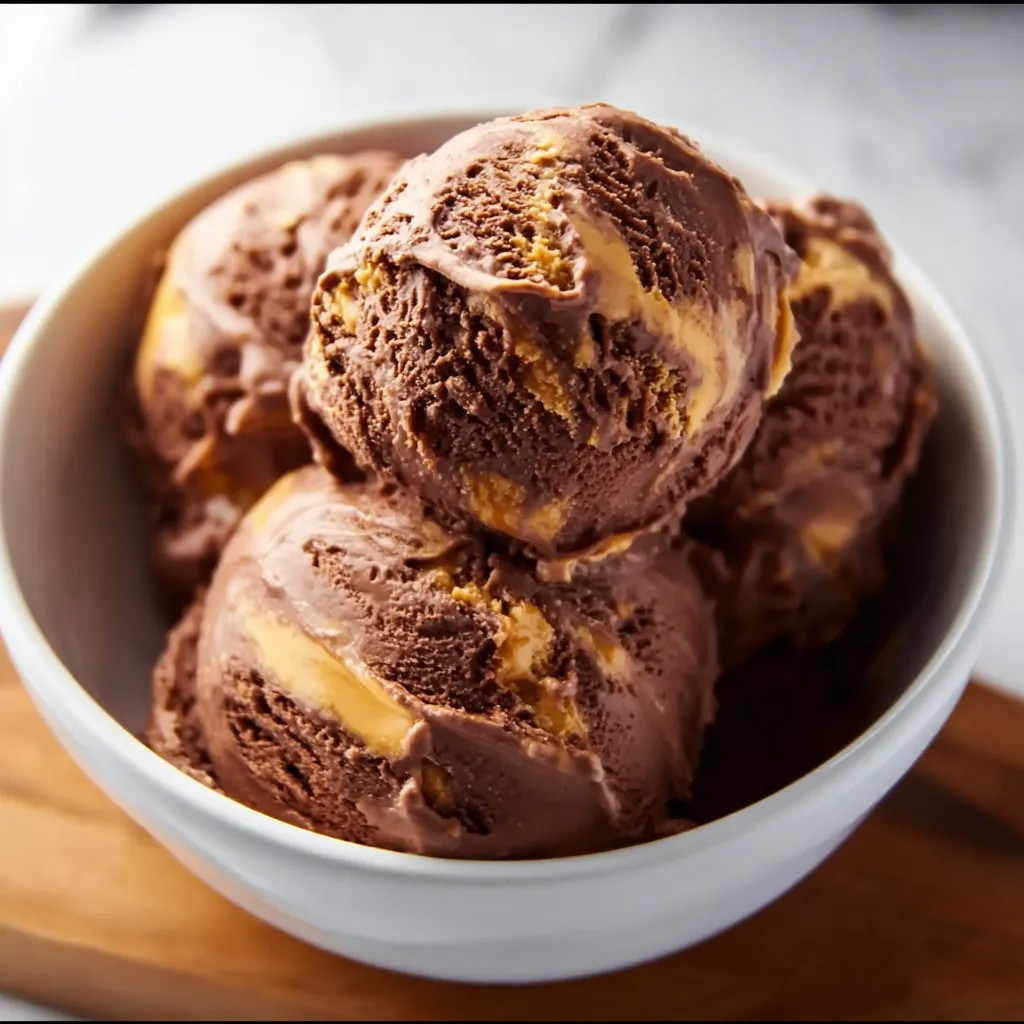 Creamy homemade chocolate ice cream with peanut butter ribbons served in ceramic bowl