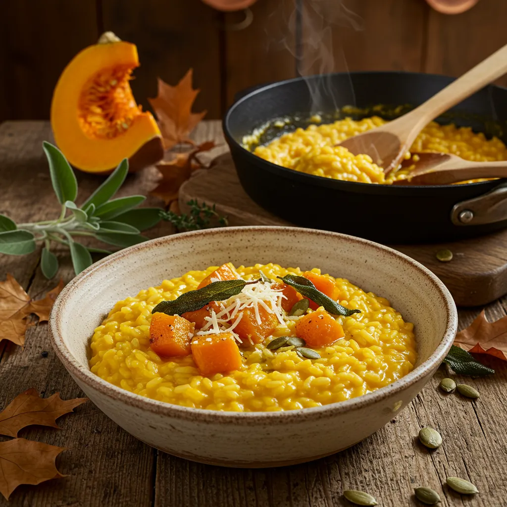 Creamy Italian risotto with fresh pumpkin, Parmesan cheese, and toasted pumpkin seeds in autumn setting