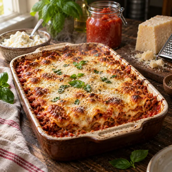 Golden One Million Dollar Lasagna fresh from the oven with bubbling cheese