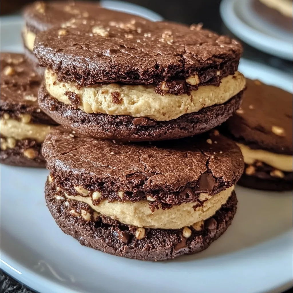 Stack of chocolate brownie sandwich cookies with cookie dough filling and chocolate chips